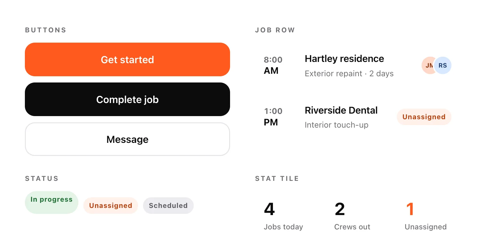 Sidework concept — component sheet: buttons, job rows, status chips and stat tiles