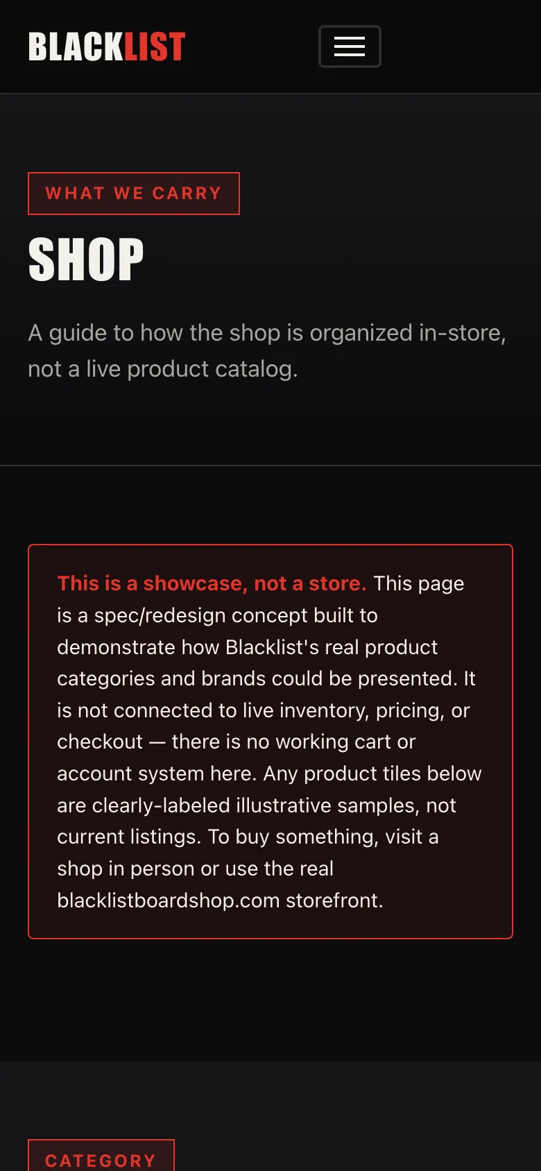 Blacklist Boardshop concept — shop on mobile