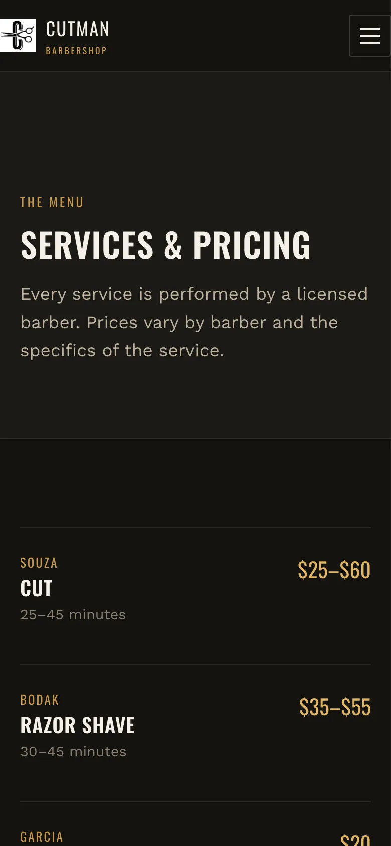 Cutman Barbershop concept — services on mobile