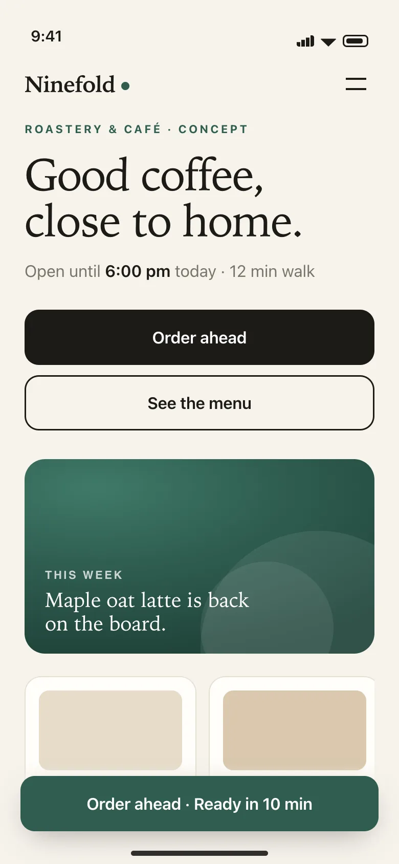 Ninefold Coffee concept — Home screen