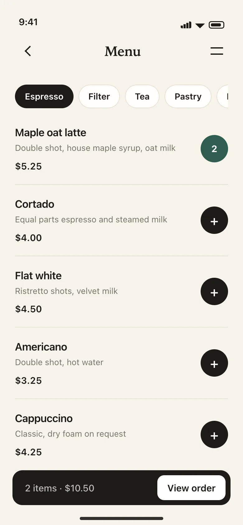 Ninefold Coffee concept — Menu screen